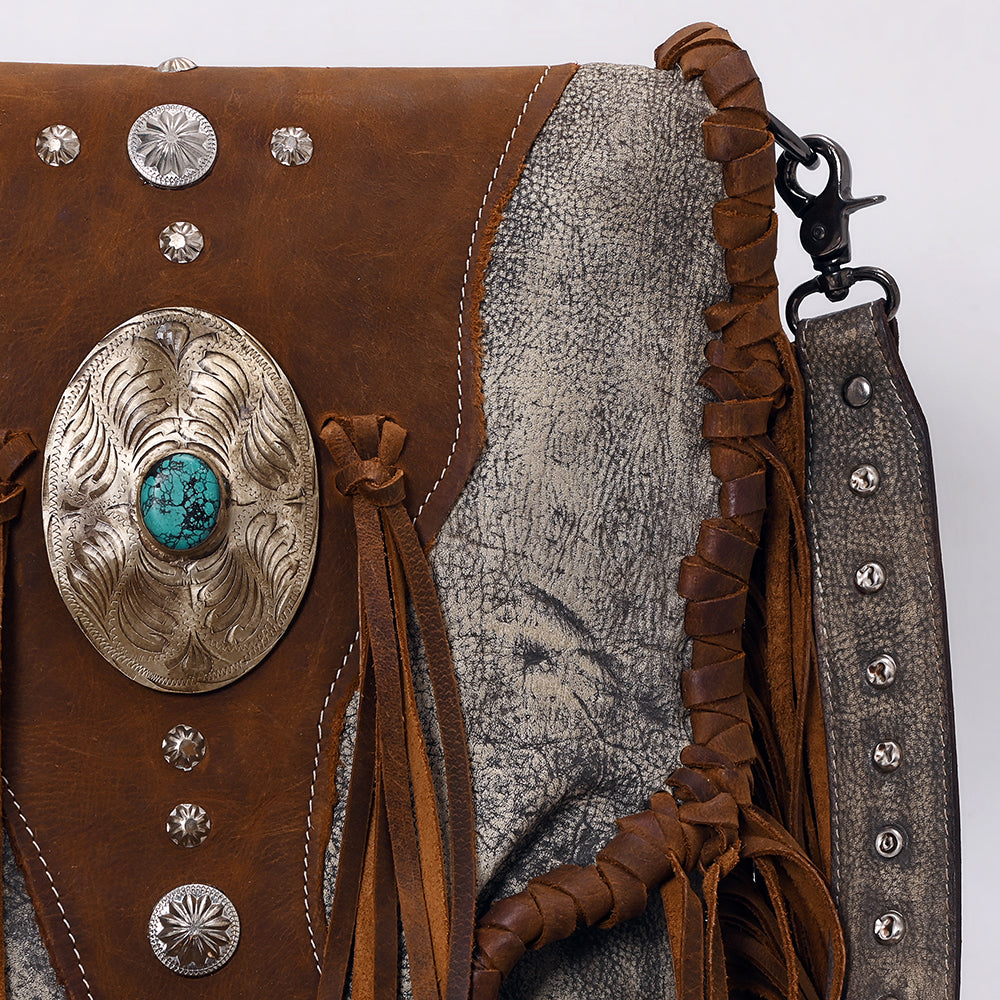 ADBGM555 Western Leather Fringe Messenger Bag - Cowhide Purse with Turquoise Concho & Studded Strap