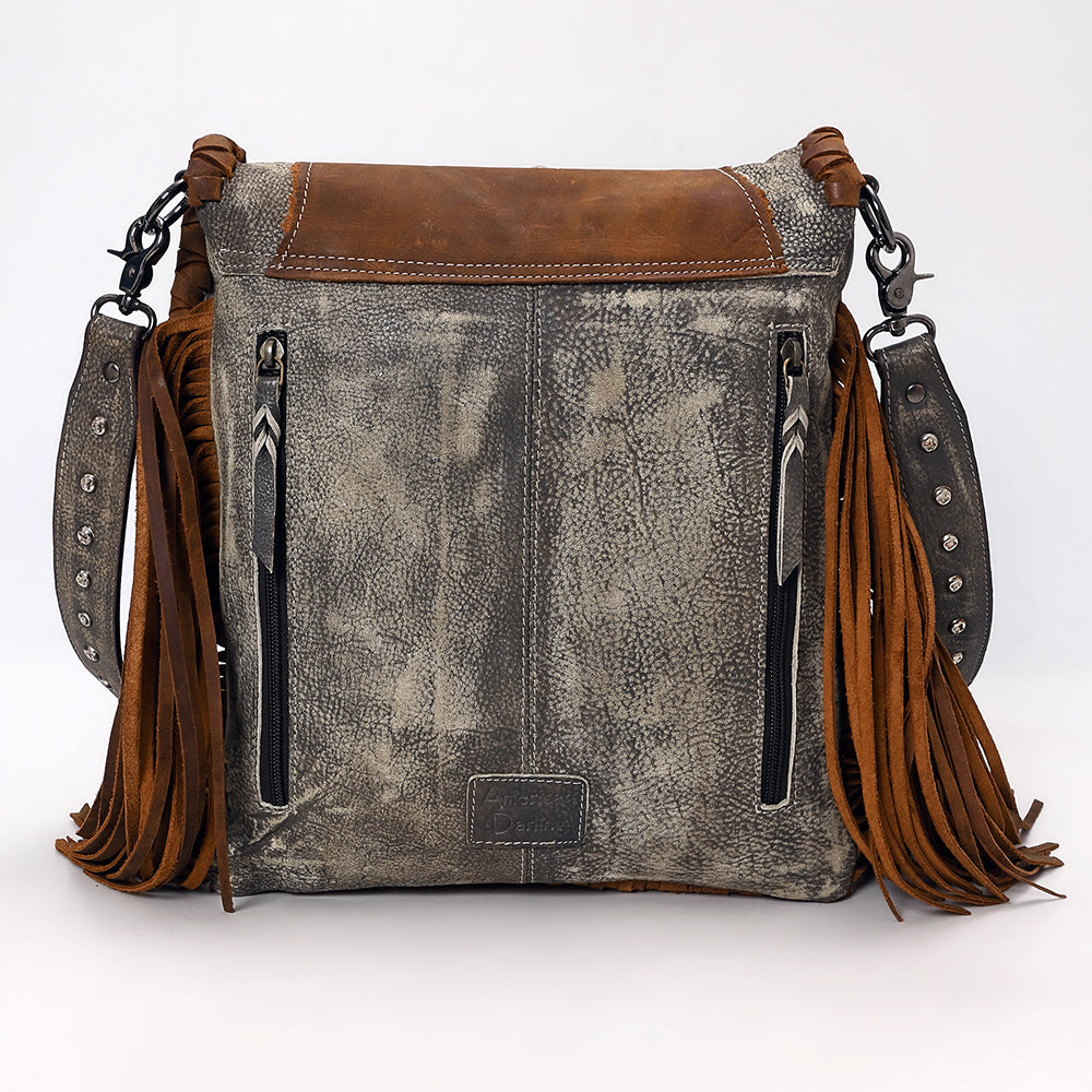 ADBGM555 Western Leather Fringe Messenger Bag - Cowhide Purse with Turquoise Concho & Studded Strap