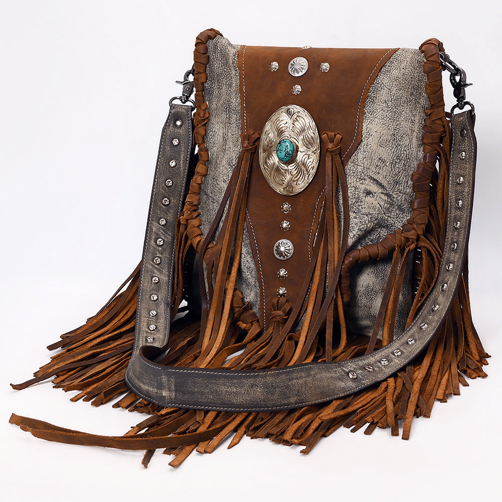 ADBGM555 Western Leather Fringe Messenger Bag - Cowhide Purse with Turquoise Concho & Studded Strap