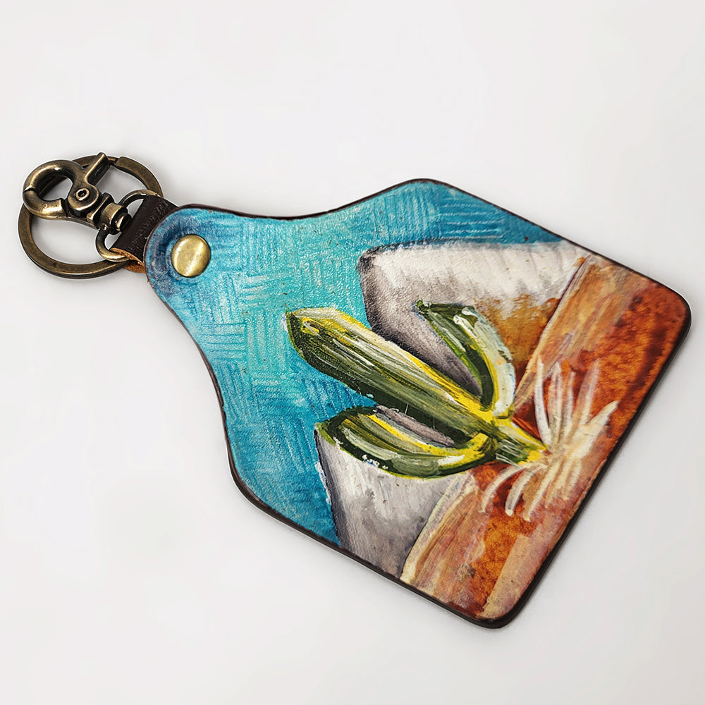 ADKRM134 Hand-Painted Leather Keyring   Desert Cactus & Mountain Scene
