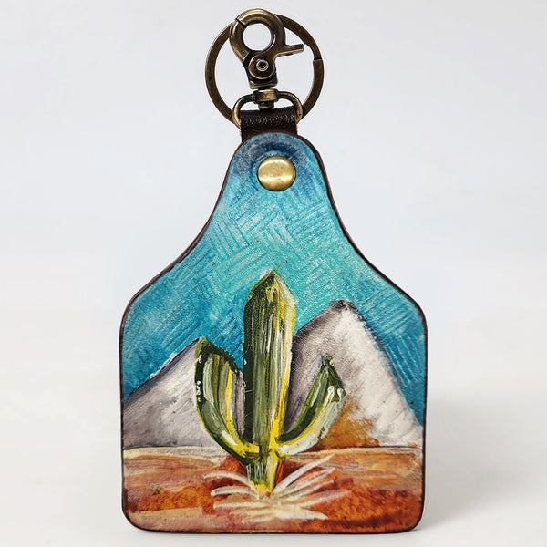 ADKRM134 Hand-Painted Leather Keyring � Desert Cactus & Mountain Scene