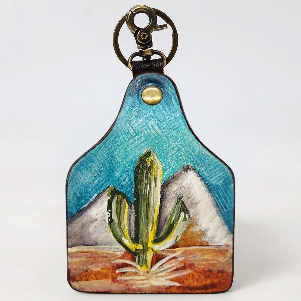 ADKRM134 Hand-Painted Leather Keyring   Desert Cactus & Mountain Scene