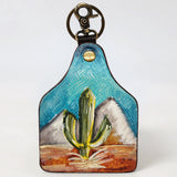 ADKRM134 Hand-Painted Leather Keyring � Desert Cactus & Mountain Scene