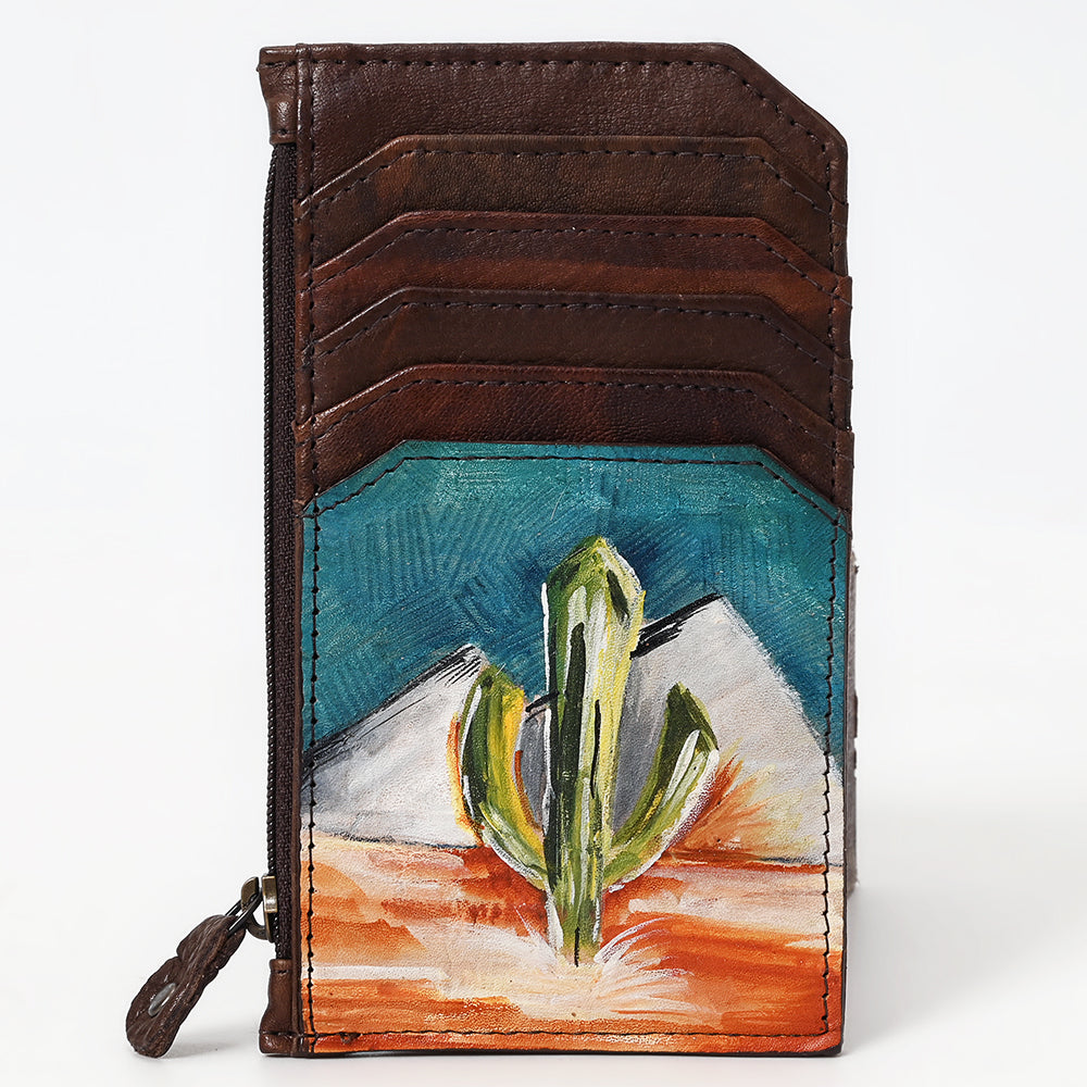 ADCCM111 Hand-Painted Leather Cactus Card Holder with Zipper Pocket