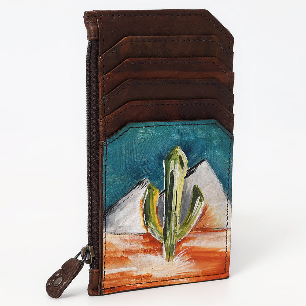 ADCCM111 Hand-Painted Leather Cactus Card Holder with Zipper Pocket
