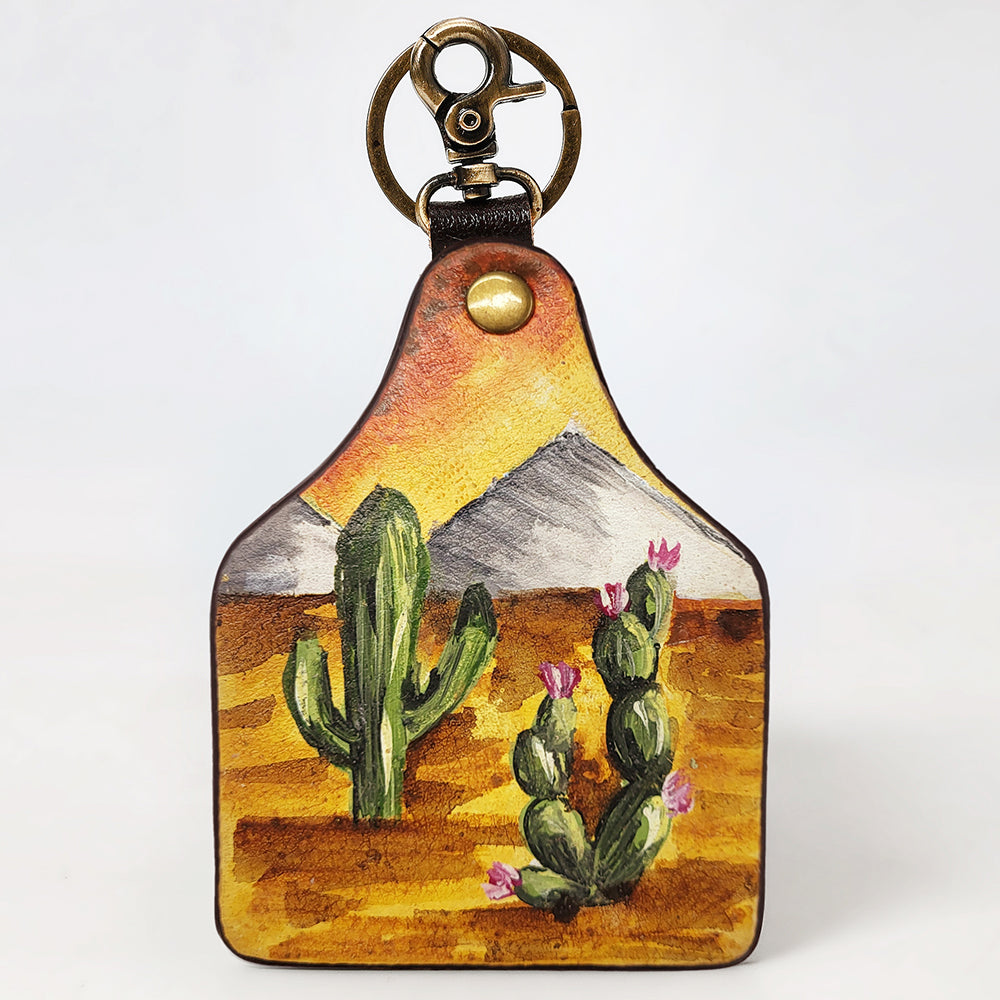 ADKRM135 Hand-Painted Leather Keyring   Sunset Desert Cactus Scene