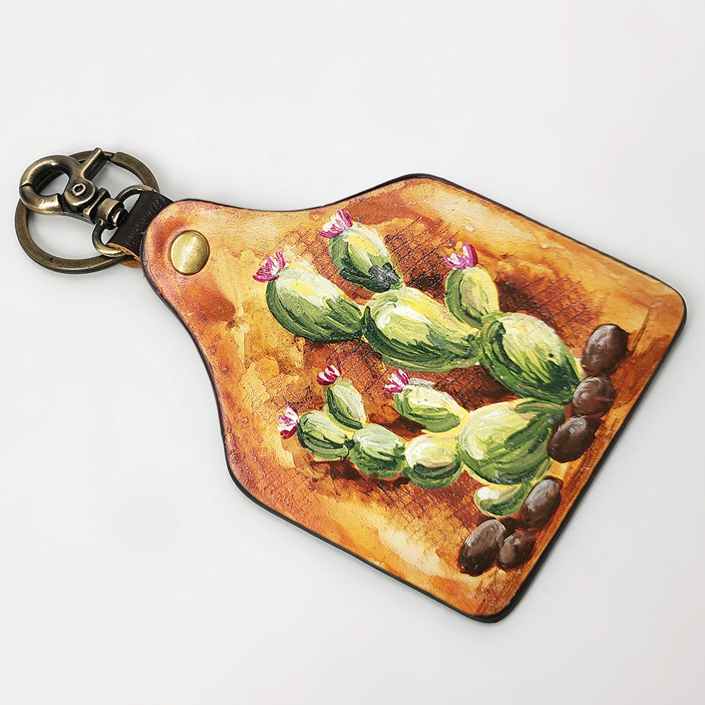 ADKRM136 Hand-Painted Leather Keyring   Prickly Pear Cactus with Blossoms