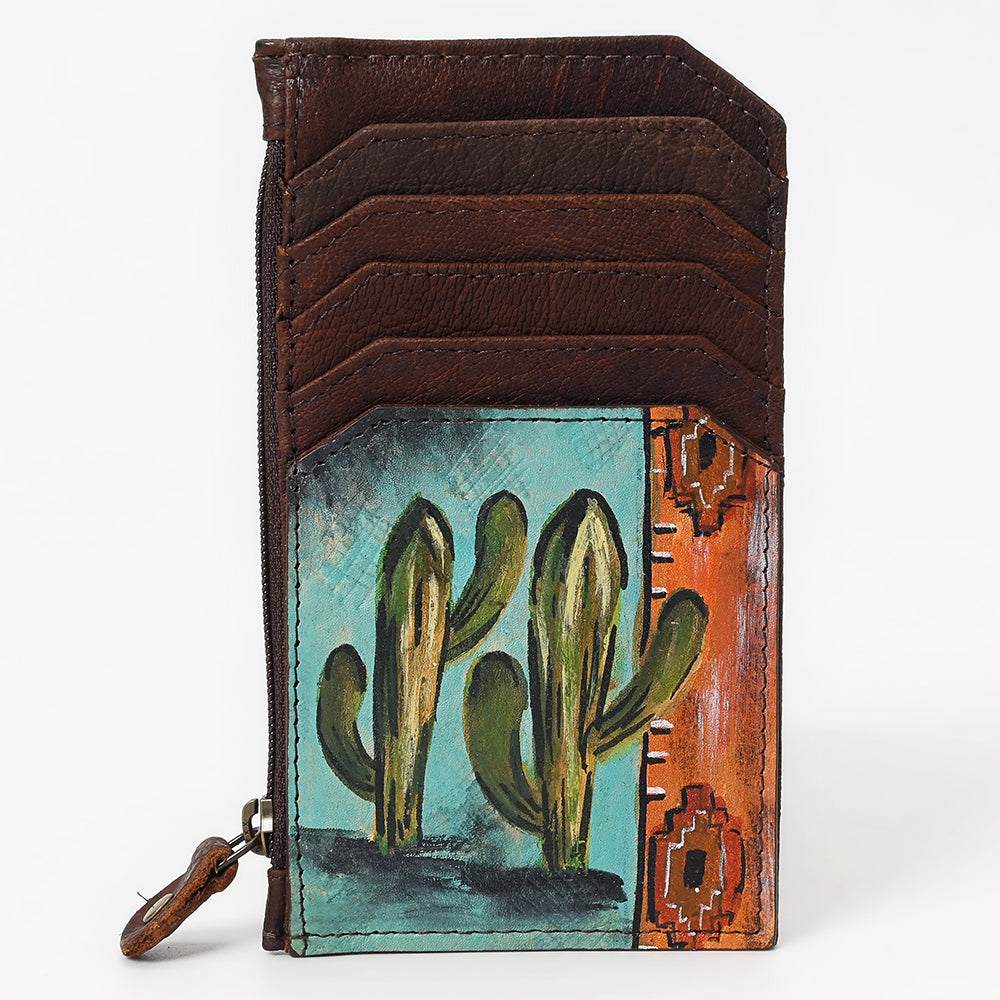 ADCCM113 Hand-Painted Leather Card Holder - Southwestern Cactus Design