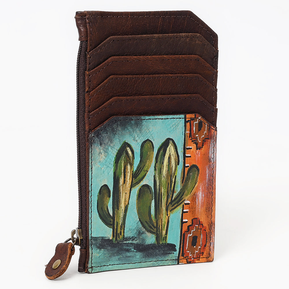 ADCCM113 Hand-Painted Leather Card Holder - Southwestern Cactus Design