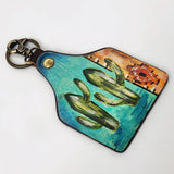 ADKRM137 Hand-Painted Leather Keyring � Twin Cactus & Aztec Blanket Design