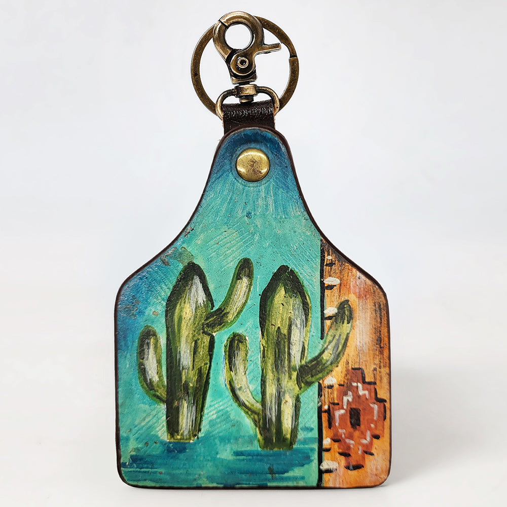 ADKRM137 Hand-Painted Leather Keyring   Twin Cactus & Aztec Blanket Design