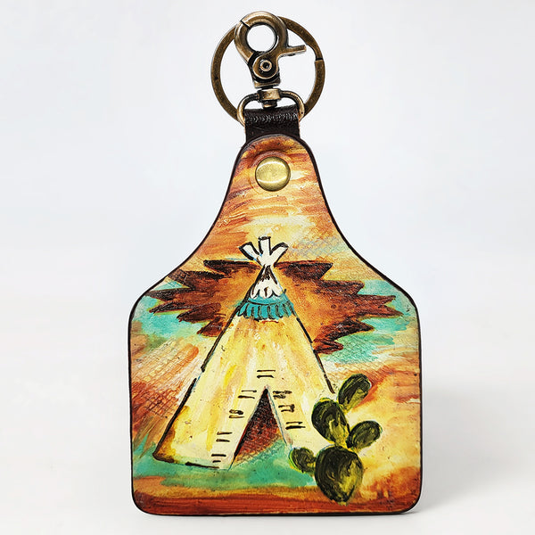ADKRM138 Hand-Painted Tipi Leather Keyring � Western Tribal Landscape Art