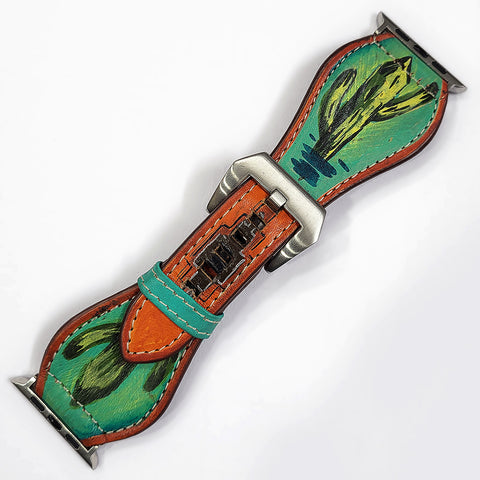 American Darling Hand Painted Cactus Tooled Leather Western Watch Band