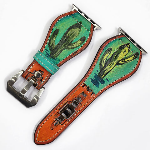 American Darling Hand Painted Cactus Tooled Leather Western Watch Band