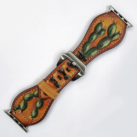 American Darling Hand Painted Leather I watch Strap - Western Prickly Pear Cactus Series