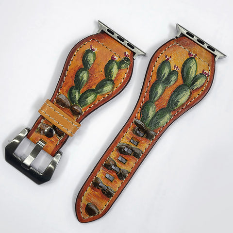 American Darling Hand Painted Leather I watch Strap - Western Prickly Pear Cactus Series
