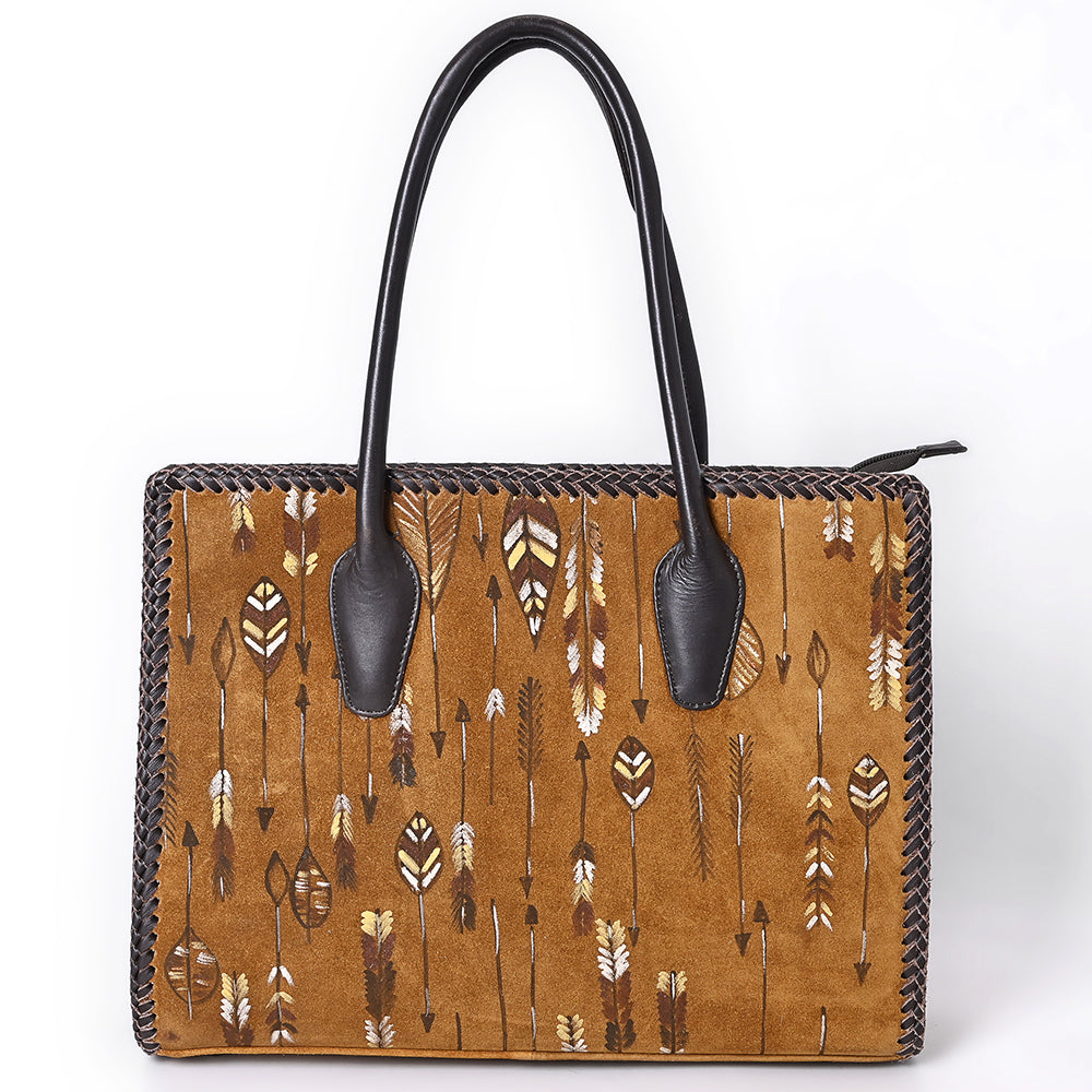 ADBGM556 Western Arrow Embroidered Genuine suede Tote - Hand-Laced Leather Trim Cowgirl Handbag
