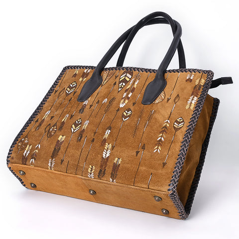 ADBGM556 Western Arrow Embroidered Genuine suede Tote - Hand-Laced Leather Trim Cowgirl Handbag
