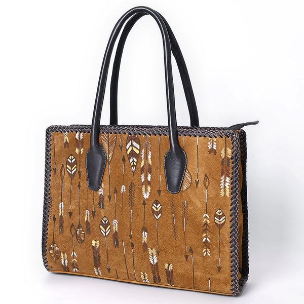 ADBGM556 Western Arrow Embroidered Suede Tote - Hand-Laced Leather Trim Cowgirl Handbag