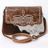 ADBG1691 Cowhide and Tooled Leather Crossbody Bag with White Whipstitch Embroidery - Western Style