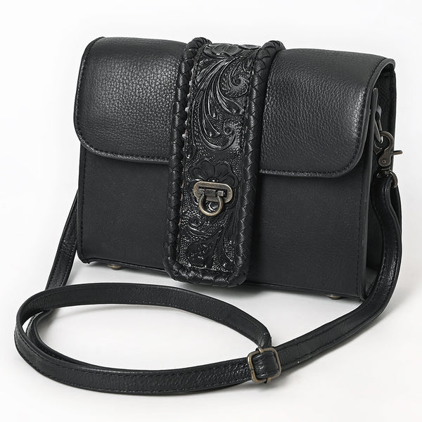 ADBG1694 Black Leather Crossbody Bag with Tooled Strap and Turn-Lock Closure