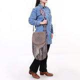ADBGA713 Suede Western Fringe Messenger Bag - White Stitch Design with Flap Closure