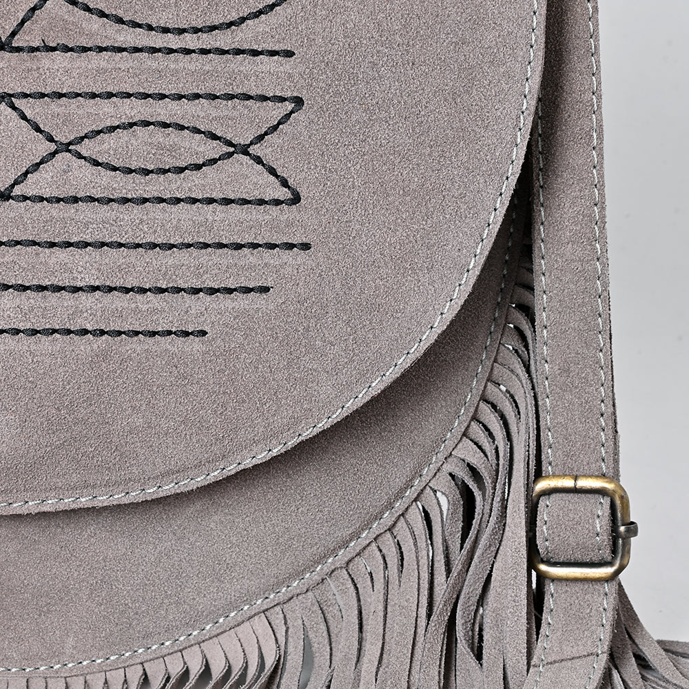 ADBGA713 Genuine suede Western Fringe Messenger Bag - White Stitch Design with Flap Closure