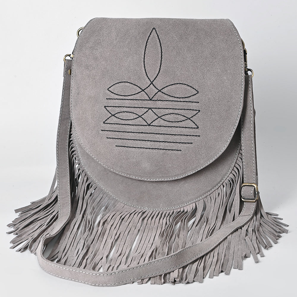 ADBGA713 Genuine suede Western Fringe Messenger Bag - White Stitch Design with Flap Closure