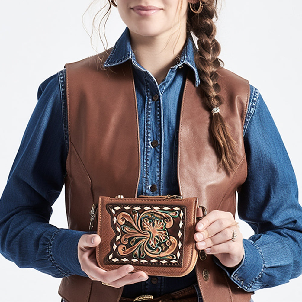 ADBGA663 Tooled Leather Coin Purse with Floral Design & Key Clip-Western Style