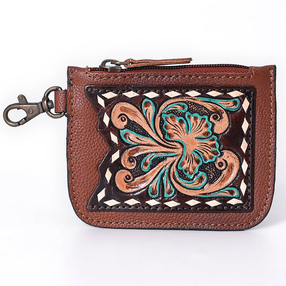 ADBGA663 Tooled Leather Coin Purse with Floral Design & Key Clip-Western Style