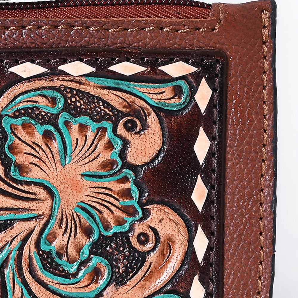 ADBGA663 Tooled Leather Coin Purse with Floral Design & Key Clip-Western Style