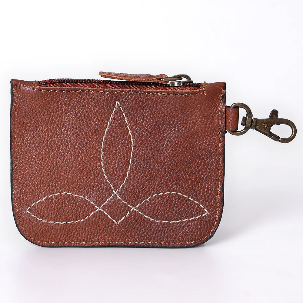 ADBGA663 Tooled Leather Coin Purse with Floral Design & Key Clip-Western Style