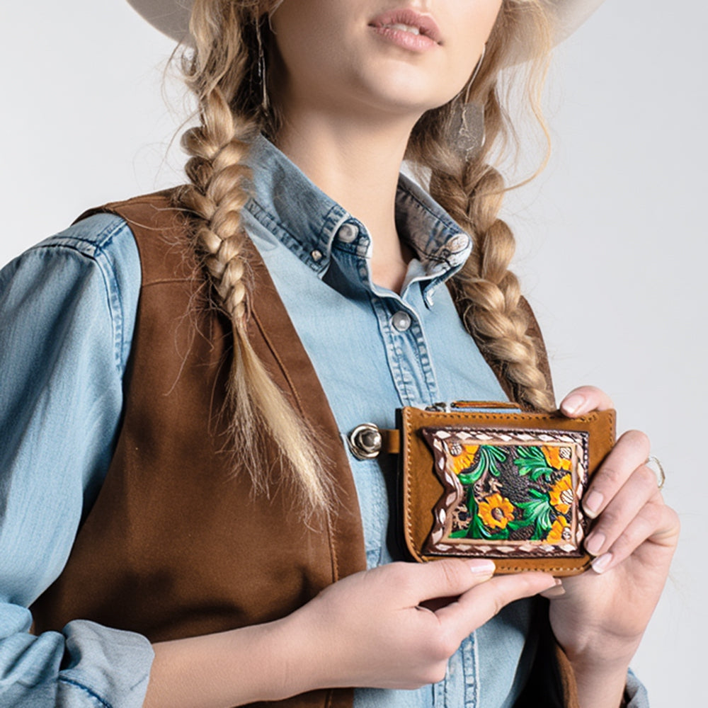 ADBGA663 Tooled Leather Coin Purse with Floral Design & Key Clip-Western Style