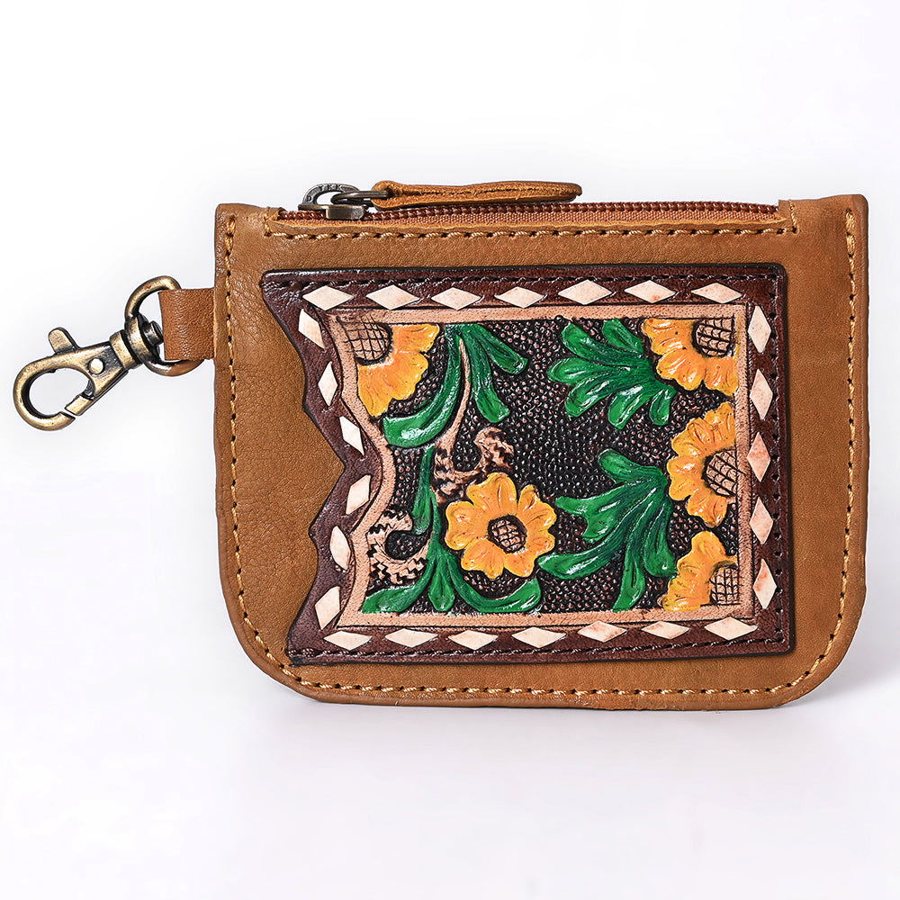 ADBGA663 Tooled Leather Coin Purse with Floral Design & Key Clip-Western Style