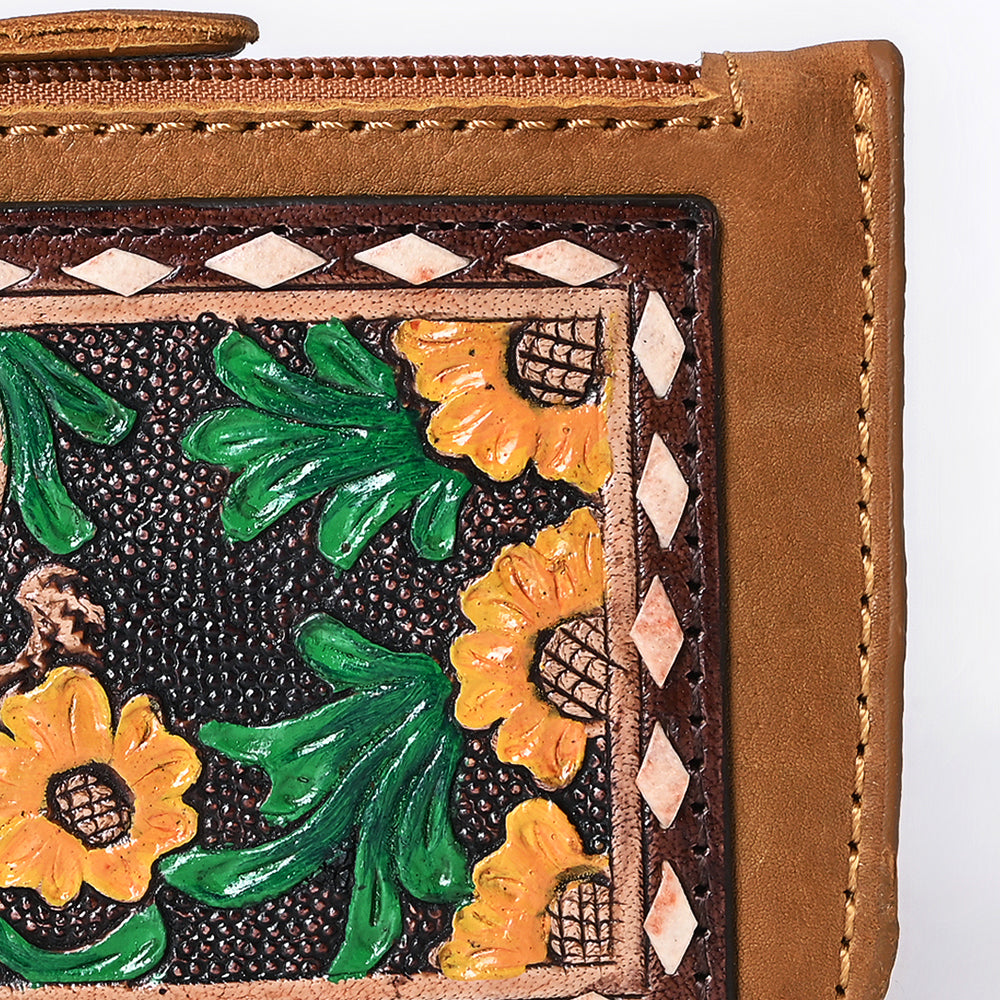 ADBGA663 Tooled Leather Coin Purse with Floral Design & Key Clip-Western Style