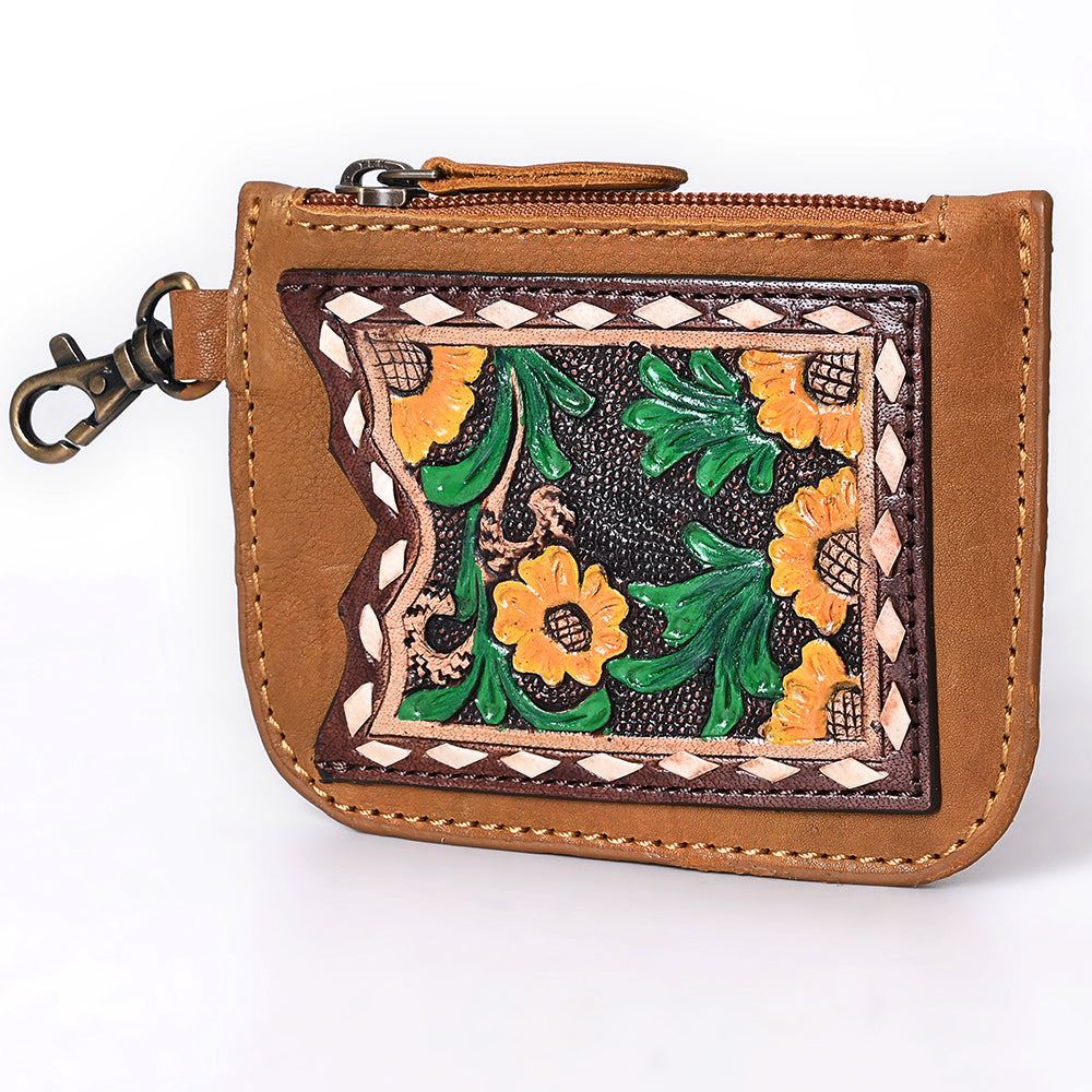 ADBGA663 Tooled Leather Coin Purse with Floral Design & Key Clip-Western Style