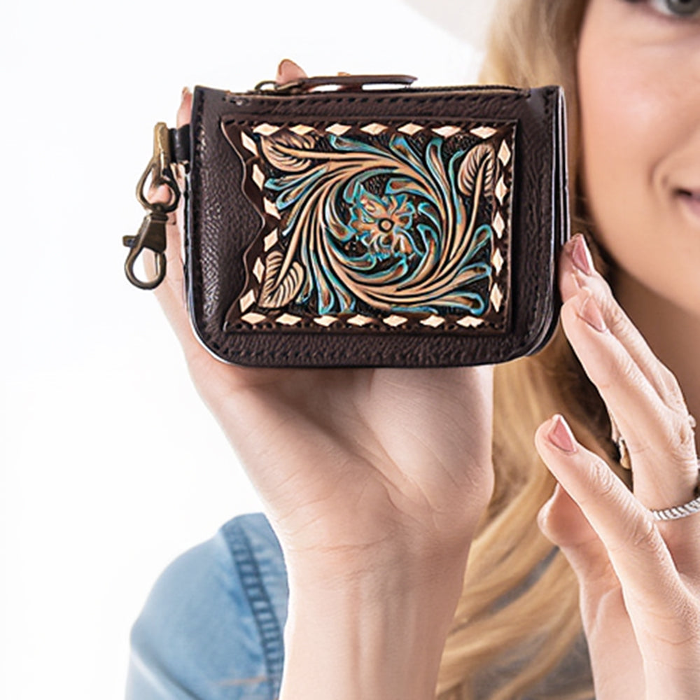 ADBGA663 Tooled Leather Coin Purse with Floral Design & Key Clip-Western Style