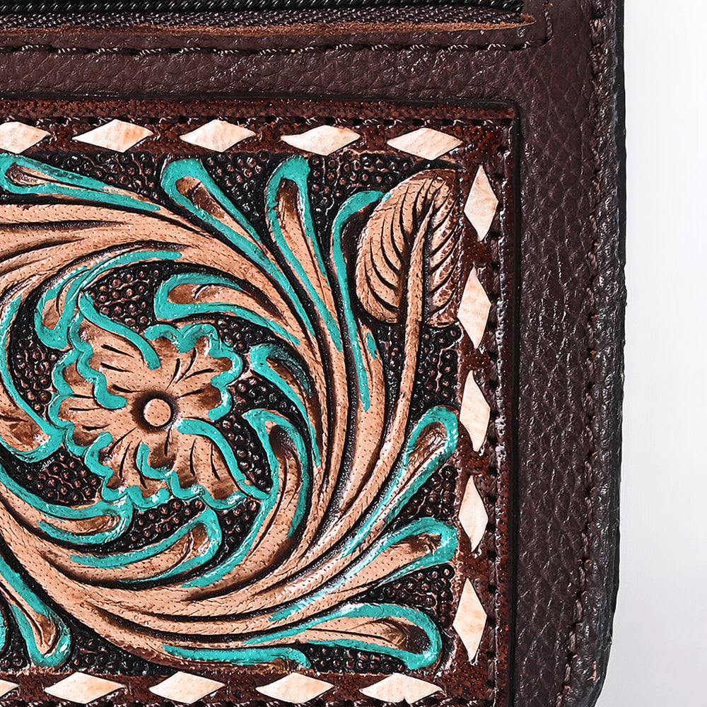 ADBGA663 Tooled Leather Coin Purse with Floral Design & Key Clip-Western Style