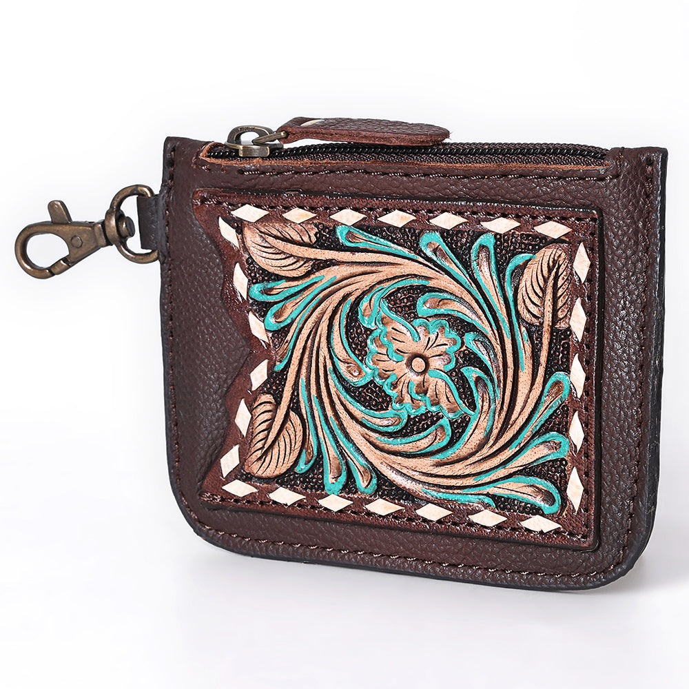 ADBGA663 Tooled Leather Coin Purse with Floral Design & Key Clip-Western Style