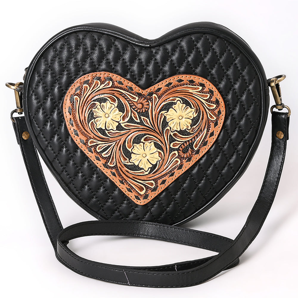 ADBGA745 Heart-Shaped Quilted Leather Crossbody Bag - Tooled Floral Inlay with Western Stitch Design