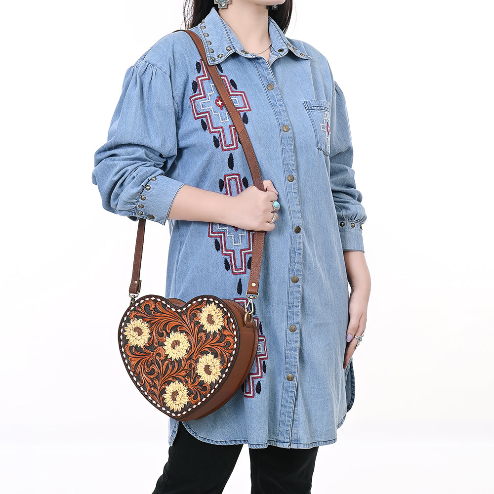 ADBGA744 Heart-Shaped Tooled Leather Crossbody Bag - Sunflower Floral Design with Western Stitch