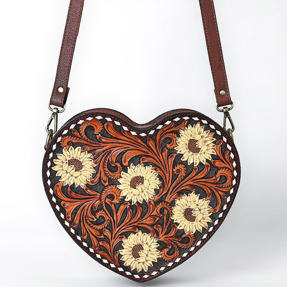 ADBGA744 Heart-Shaped Tooled Leather Crossbody Bag - Sunflower Floral Design with Western Stitch