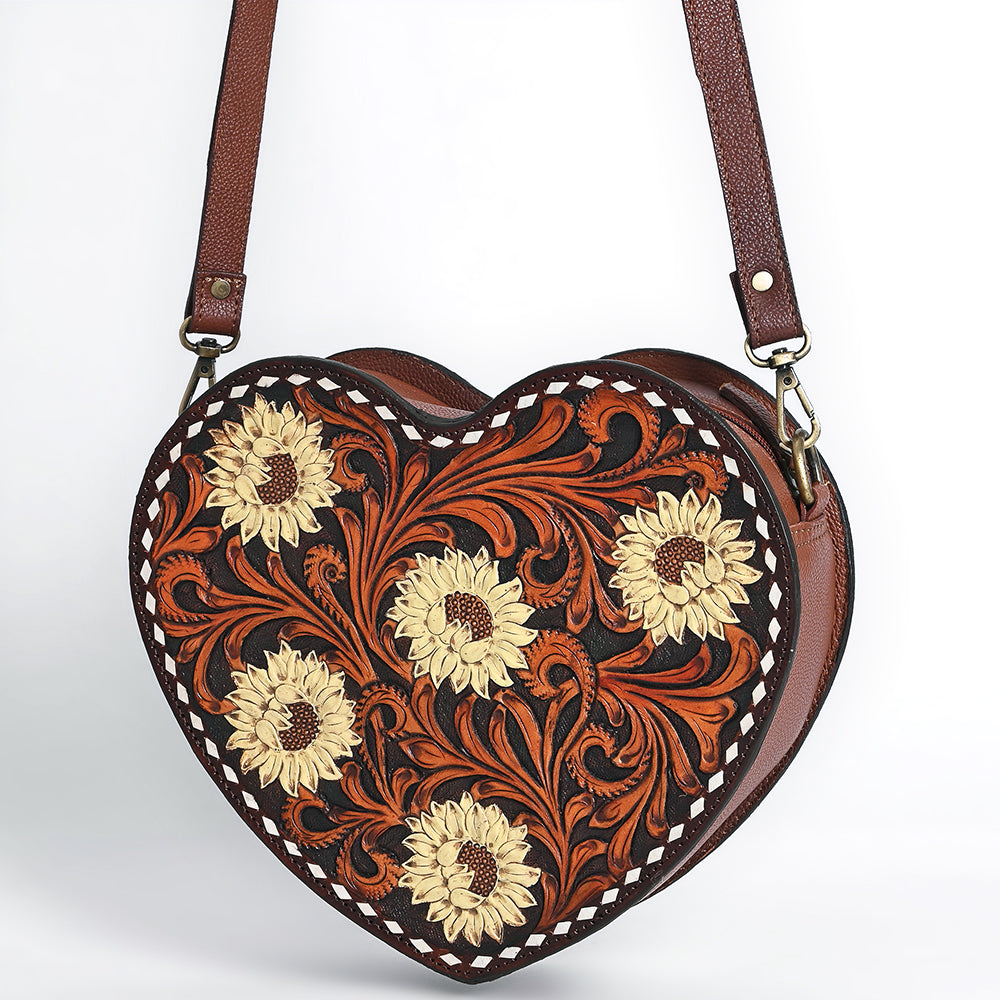 ADBGA744 Heart-Shaped Tooled Leather Crossbody Bag - Sunflower Floral Design with Western Stitch