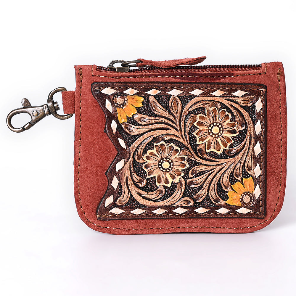 ADBGA746 Tooled Leather Coin Purse - Red Floral Design with Zipper & Clip Hook