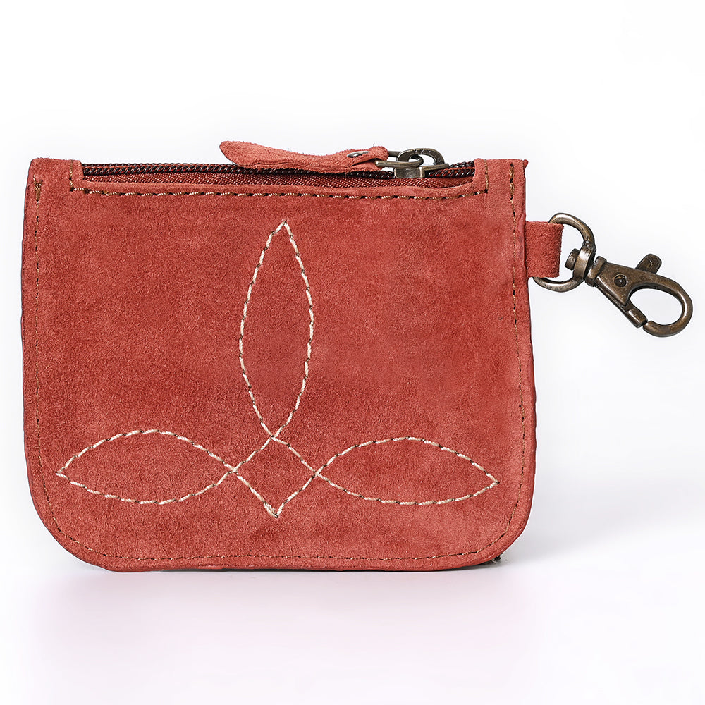 ADBGA746 Tooled Leather Coin Purse - Red Floral Design with Zipper & Clip Hook