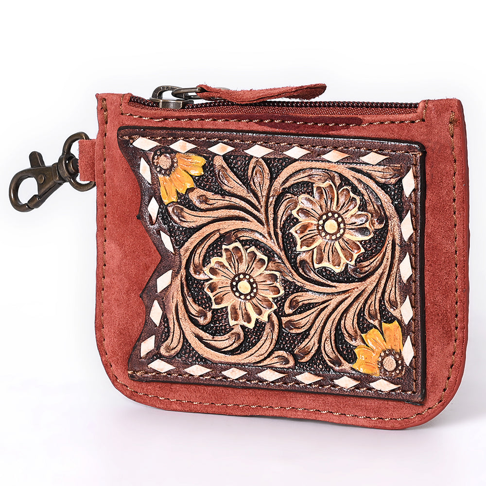 ADBGA746 Tooled Leather Coin Purse - Red Floral Design with Zipper & Clip Hook