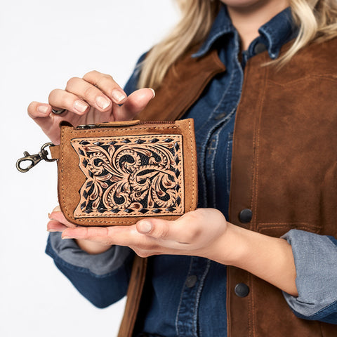 American Darling Hand Tooled Floral Carved Genuine Leather Coin Purse