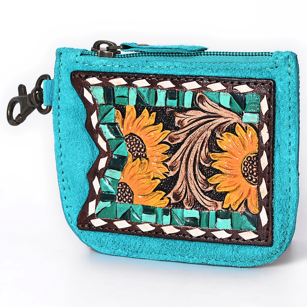 ADBGA746 Tooled Leather Coin Purse - Red Floral Design with Zipper & Clip Hook