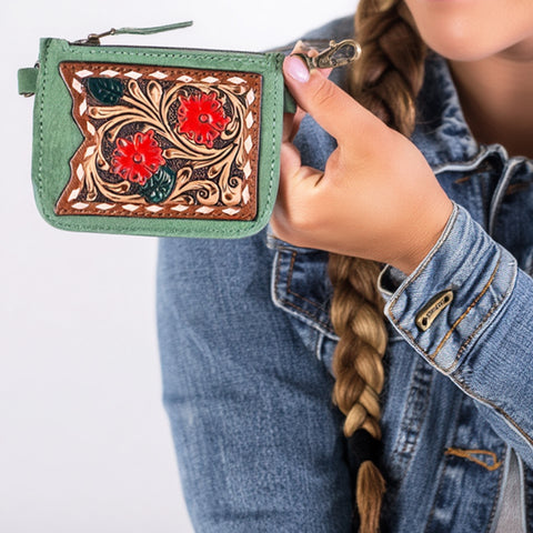 American Darling Hand Tooled Floral Carved Genuine Leather Coin Purse