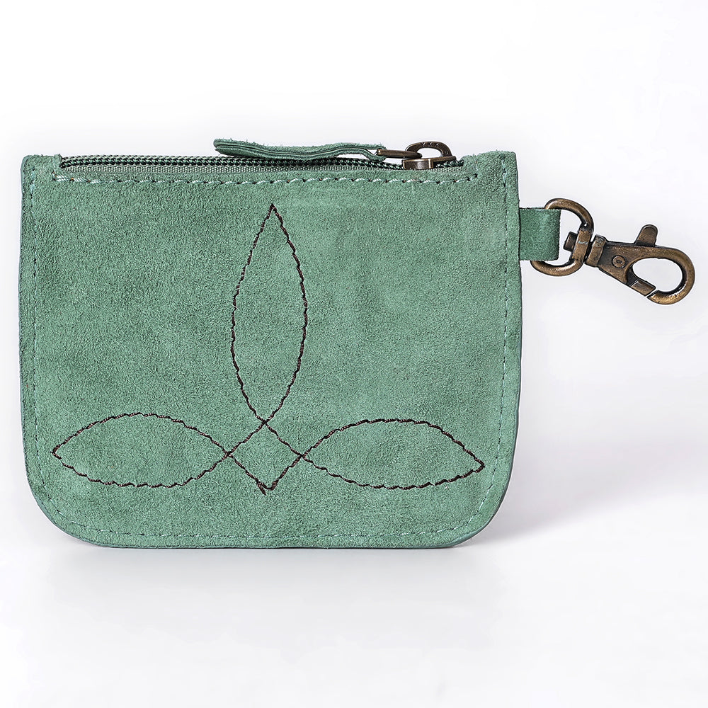 ADBGA746 Tooled Leather Coin Purse - Red Floral Design with Zipper & Clip Hook